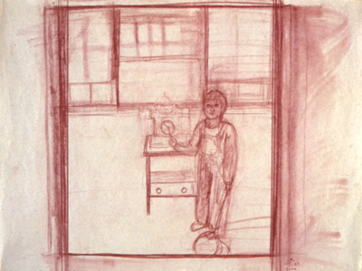 Figurative conte drawing of boy with clock